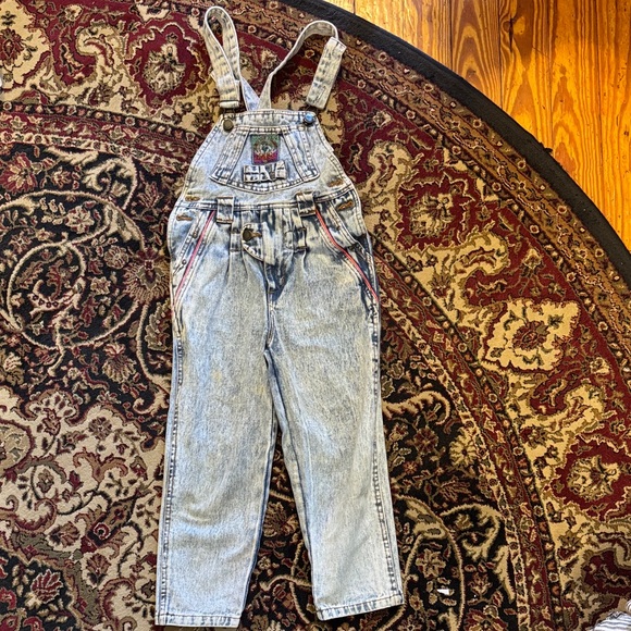 None Other - Vintage kids Light Wash Denim Overalls with Embroidered Patch 5